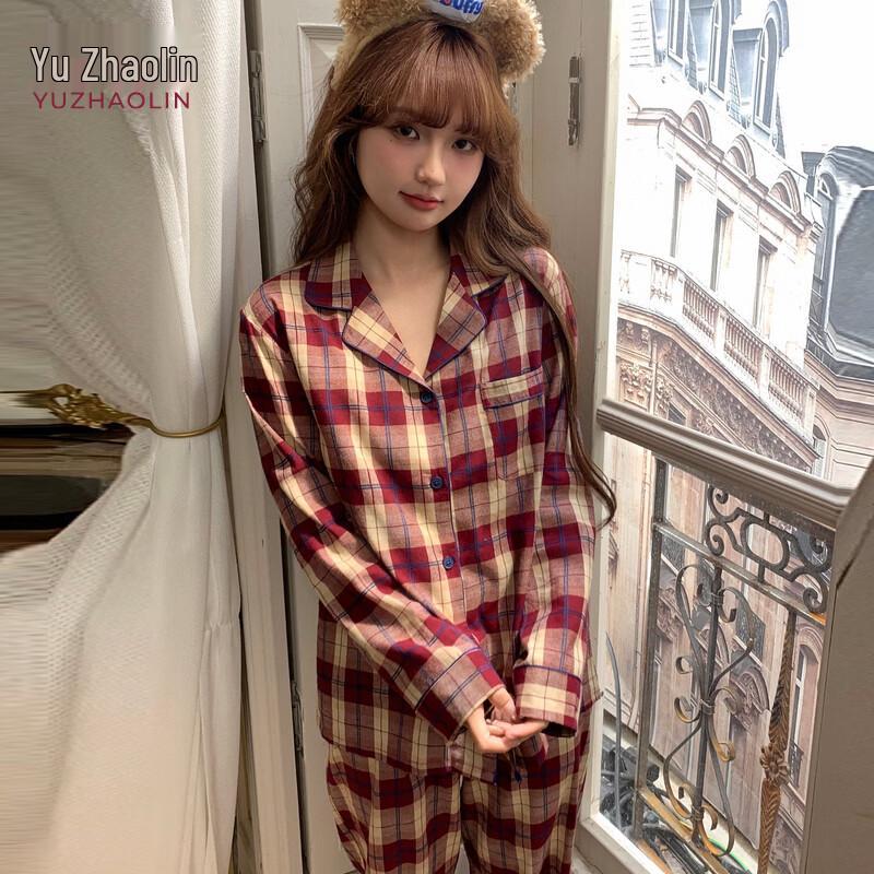 YUZHAOLIN Women s Plaid Long Sleeve Pajama Set M