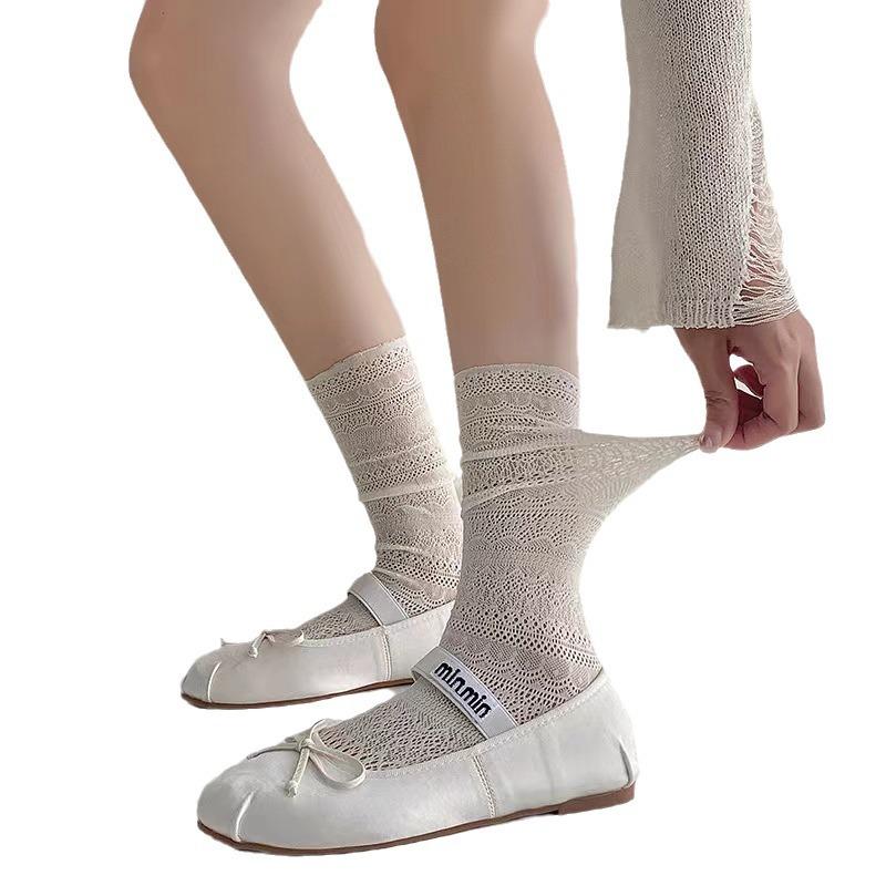 Summer Thin Solid Color Mesh Hollow Socks for Women Jk Slimming Knee-high Socks In Ballet Style, Vintage High Socks
