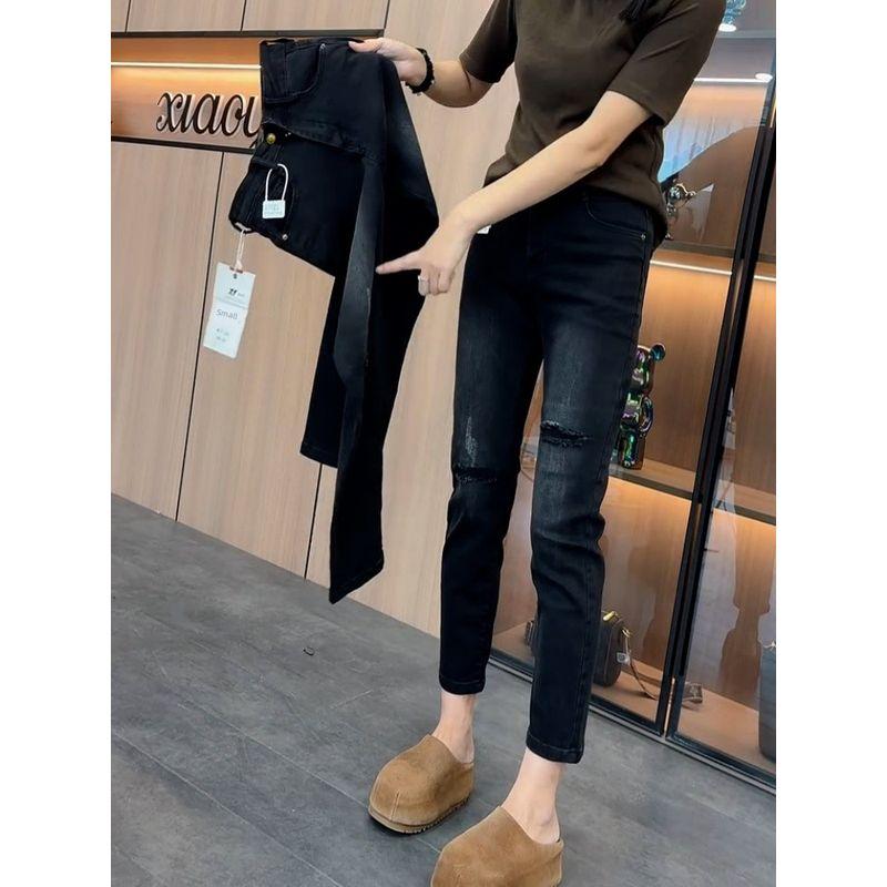 and Gray Faux Ripped Straight-Leg Jeans for Women, New Spring and Autumn Style, Plus-Size, Slim-Fit, Stretchy, Flattering, Cropped Cigarette Pants