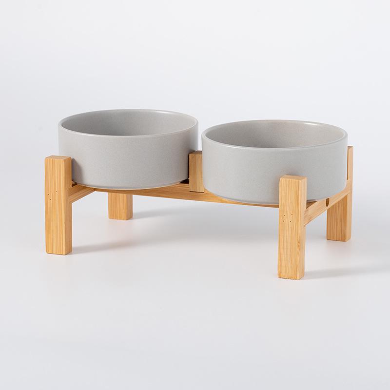Ceramic Pet Food Bowl with Elevated Bamboo Stand - Anti-Tip Design for Dogs and Cats, Protects Cervical Spine