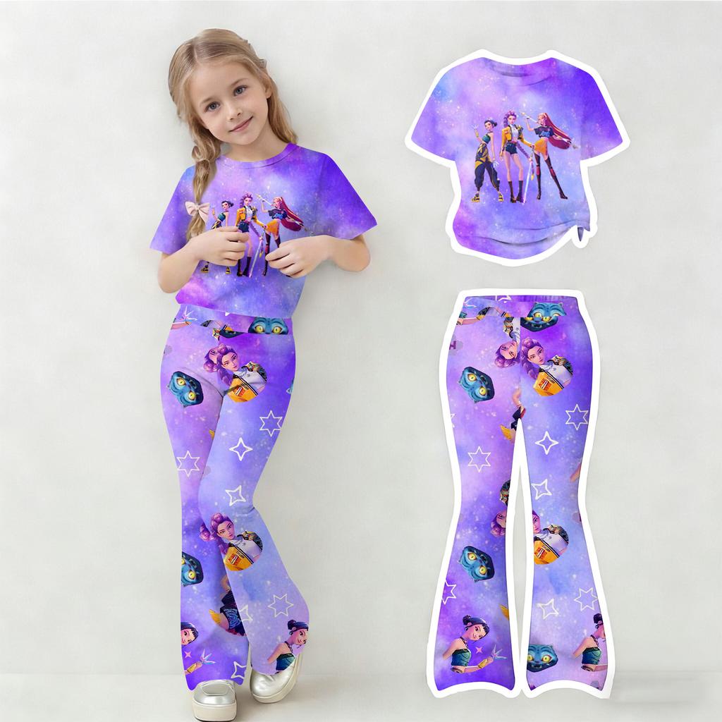 Children's Summer Sports T-Shirt And Bell-Bottom Pants Two-Piece Athletic Set Short Printed Clothing Set