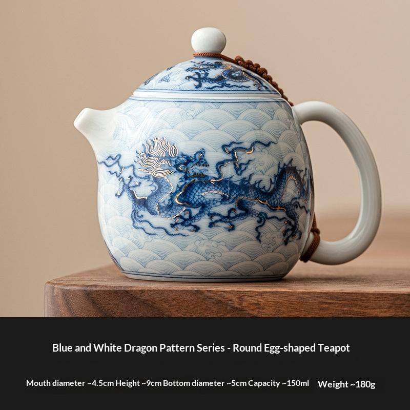 

Gold and Silver Inlaid Blue and White Dragon-patterned Teapot Round and Oval-shaped Teapot Single Ceramic Tea Infuser Tea Kettle
