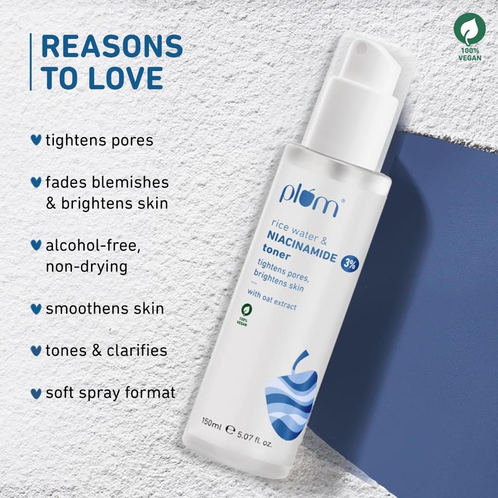 Plum 3% Niacinamid & Reiswasser Gesichtswasser 150 ml 2er-Pack | Alkoholfrei, Aufhellend, Glättend für die Haut