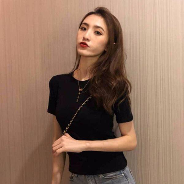 Women's Slim Fit Solid Color Short-Sleeve Round Neck T-Shirt - Korean Summer Style