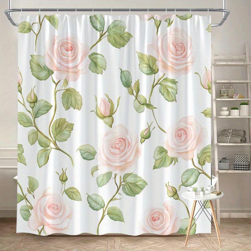 1 шт. Романтическая Розовая Роза и Зеленые Листья Занавеска для Душа - Изысканный Цветочный Узор, Машинная Стирка, Полиэстер 90X180cm