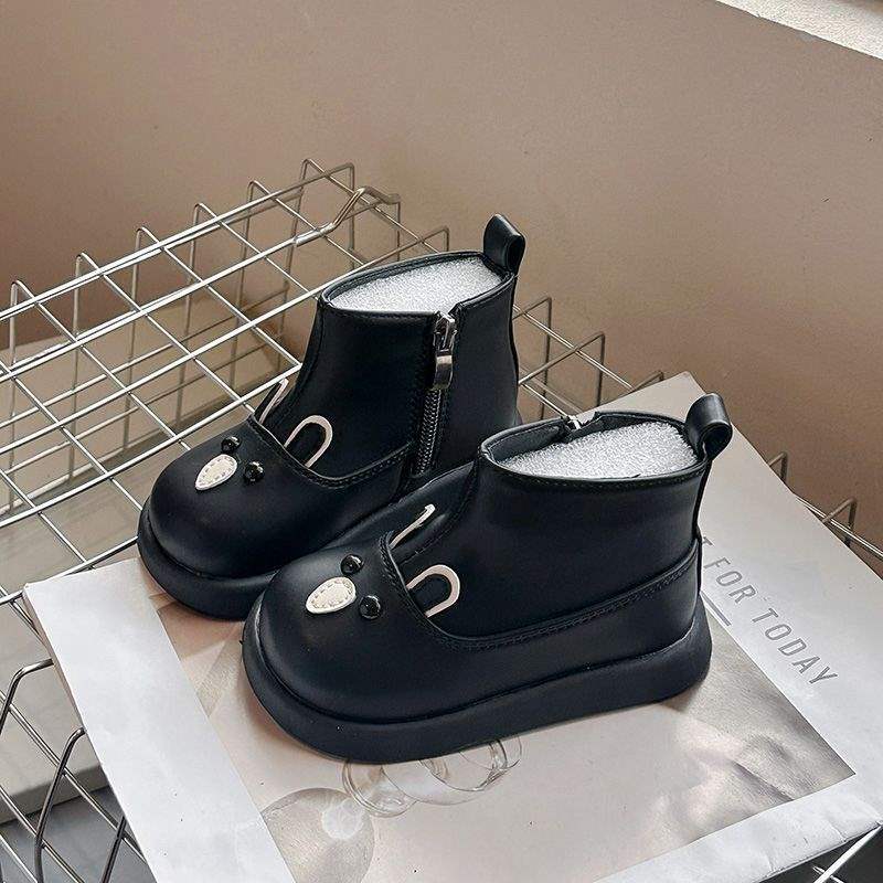 Children's leather boots Martin boots Baby boots Fleece 2025 autumn and winter soft-soled two-cotton cotton boots Boys and girls short boots