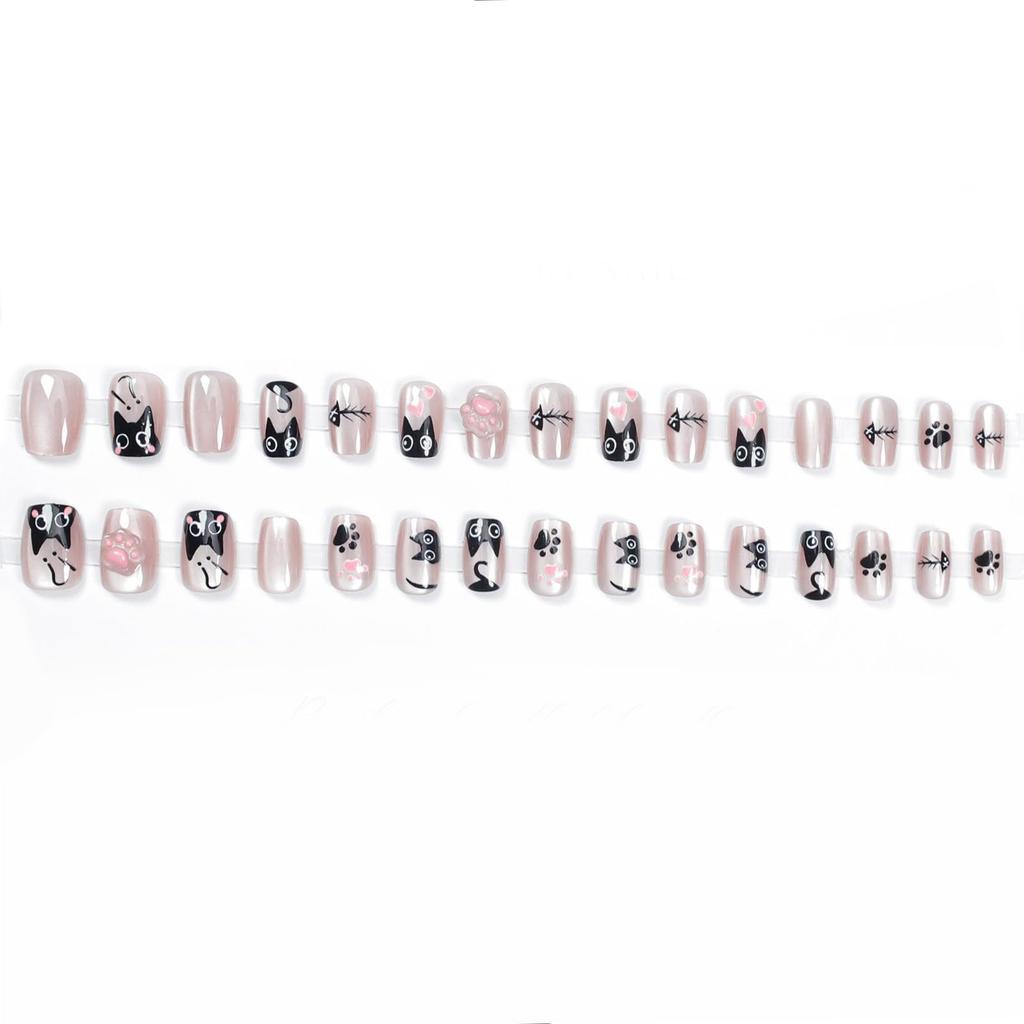 Secret Lives Designer Cats Eye Reusable Artifical Nails Extension Curve Shape Pink Color Fake Nails Design 24 Pieces Set with Manicure Kit