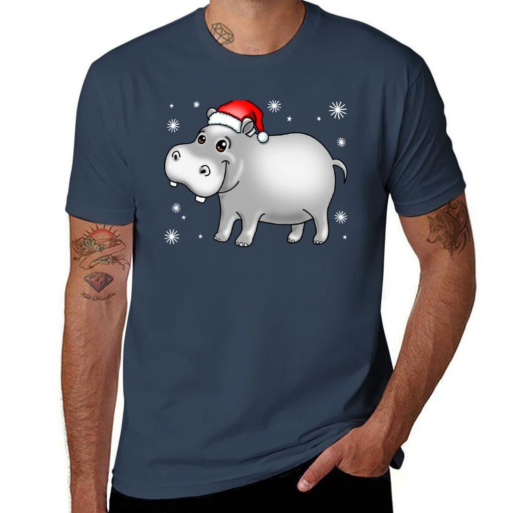 Cute Hippo For Christmas Hippopotamus T-Shirt Man T Shirt Designer Cotton T Shirts High Quality Man T Shirt Graphic T-Shirt