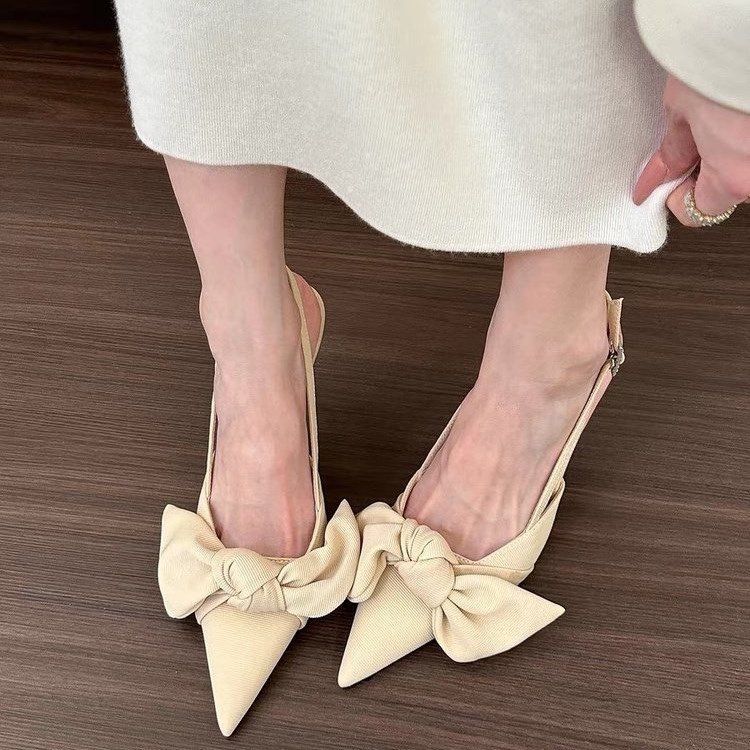 Spring Shallow Mouth Pointed Head Thin Heel Elastic Band Bow Elegant High Heel Muller Shoes Sandals Women'S Shoes