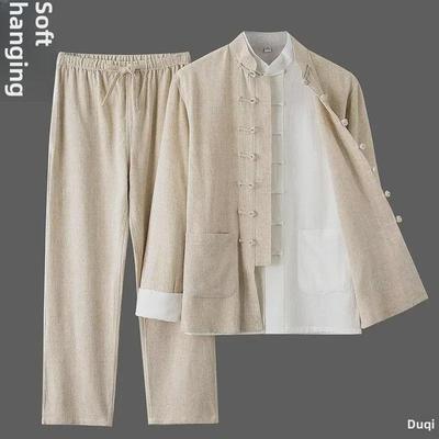 Costume Tang Printemps & Été: Ensemble trois pièces en coton lin de style chinois rétro avec col montant boutonné