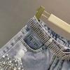 Damen Denim Shorts Sommerkleidung Neu Europäisch Hohe Taille Dünn Schwerindustrie Perlen Pailletten Fransen Destroyed Kupfer Jeans