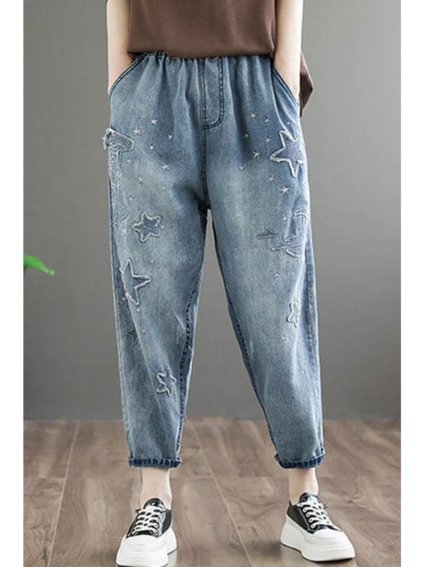 Women's Retro Distressed Embroidered Denim Harem Pants - Loose Fit, Elastic Waist, Plus Size, Cropped for Spring/Autumn 2025