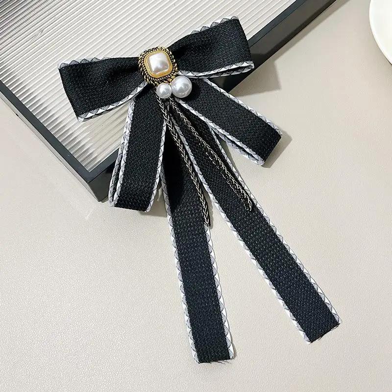 Korean Style Simple Bow Tie Pin Simple Imitation Pearl Brooch Women Black Mourning Corsage Shirt Collar Clothes Brooches