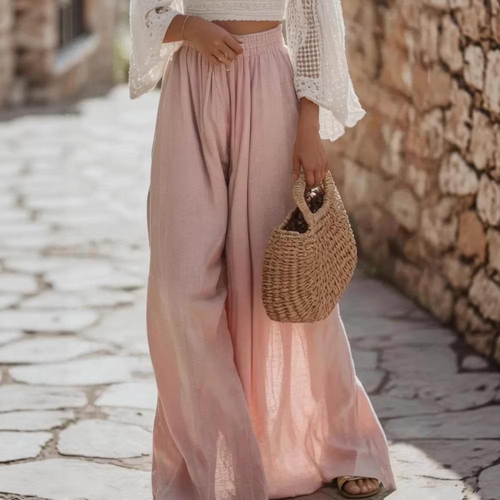 Women Summer Solid Color Loose Wide Leg Casual Long Pants
