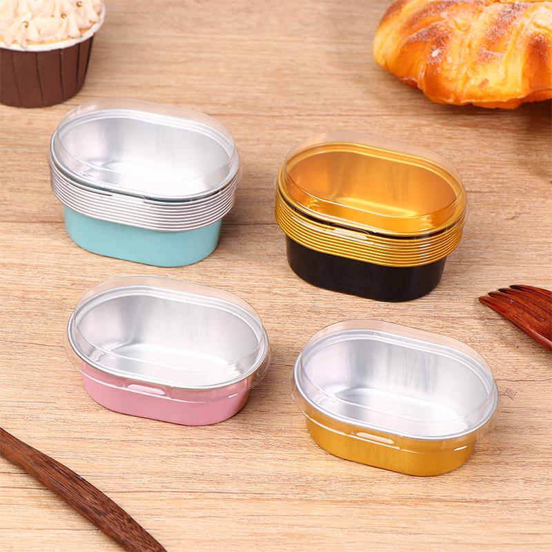 10Pcs Aluminum Foil Cupcake Cups With Lids Non-Stick Foil Baking Cups 68Ml Oval Pudding Dessert Cups Wedding Party Supplies