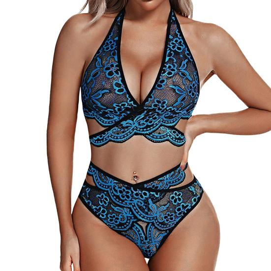 Sexy Lace Underwear Set Floral Lace Bralette And Panty Babydoll Outfits Halter Bra V Waist Briefs Women 2 Piece Underwear Set
