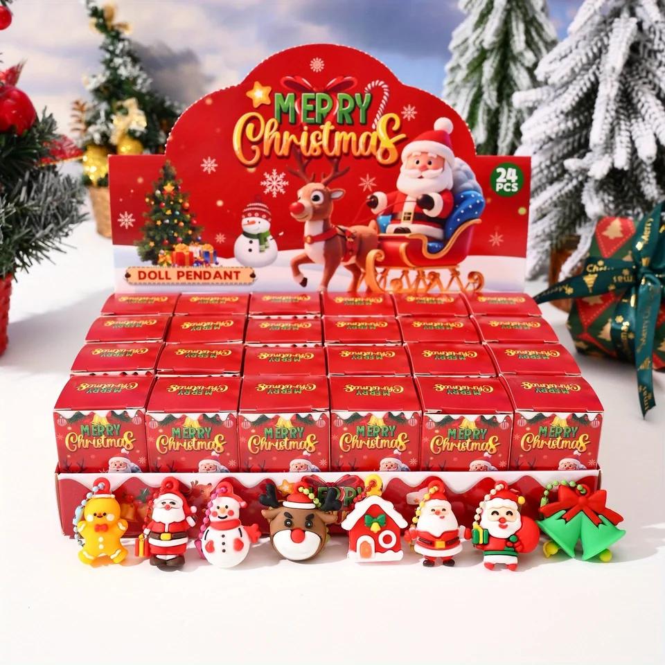 24pcs Christmas Blind Box Toys Santa Snowman Reindeer Collection Keychain Surprise Box for Kids Adults Christmas Party Gifts