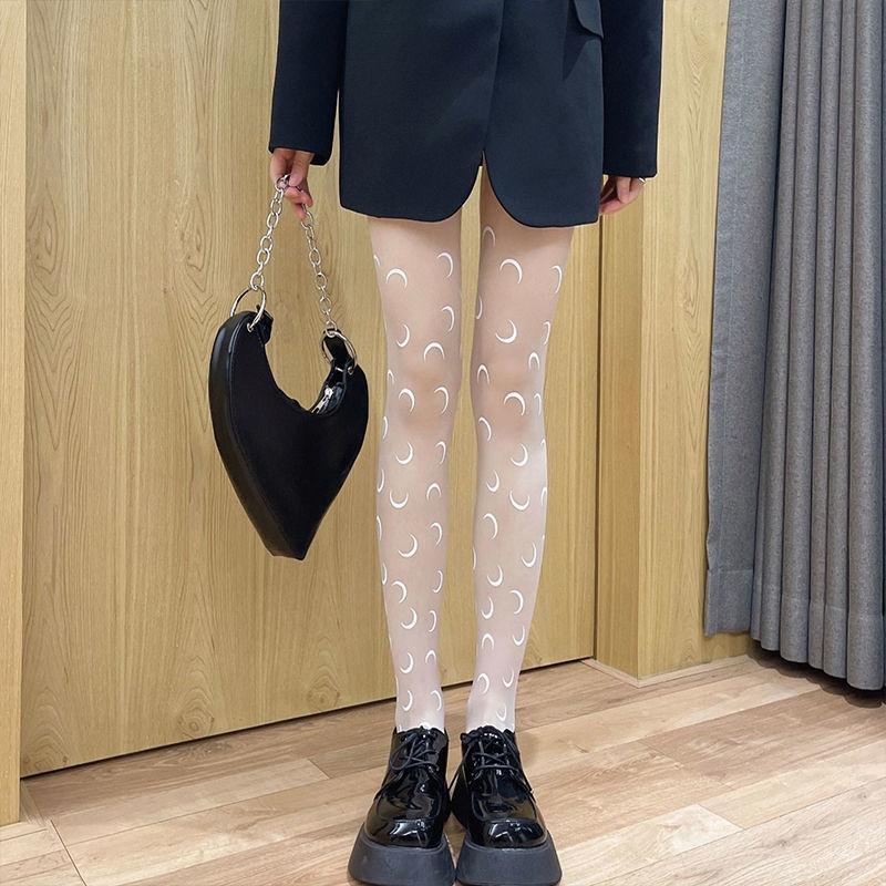 Monddruck Laufmaschenfeste Strümpfe für Damen Dünner Stil Trendig Schwarz Anti-Pilling Sexy Bein-Schlankheits Unterzieh-Strumpfhose