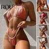 Polstrovaný 2 ks/Sada Dámský Bikini Set Skládaný Jednobarevný Šněrovací Vysoký Pas Letní Plavky Špagetové Ramínka Zavazování za Krk Push Up Koupací