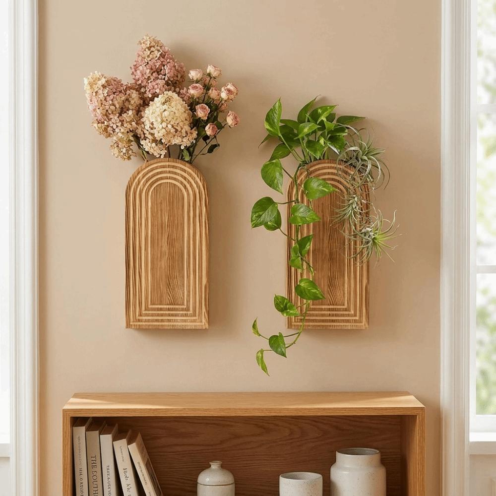 2PCS Boho Style Wooden Wall Planter Decorative Wall Flower Pot Hanging Flower Vase Home Decor