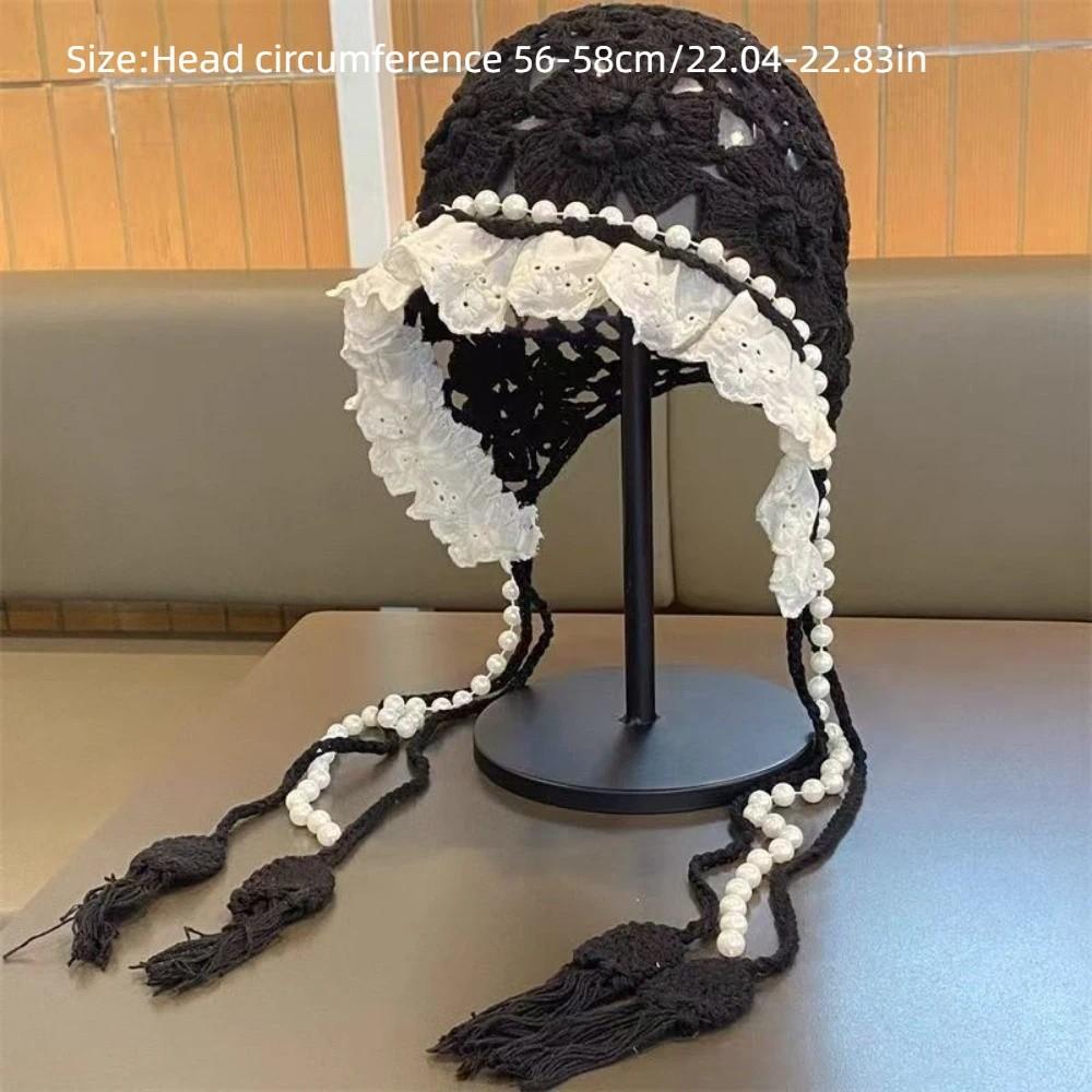 Hand-knitted Knitted Pearl Lace Beanies Breathable Fringed Hollow Flowers Hat Soft Bohemian Style Crochet Hat