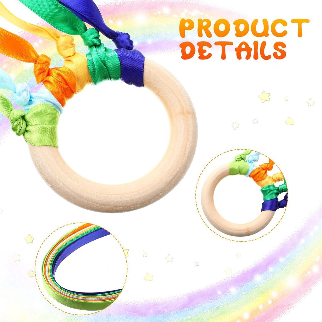 Junkin 24 Pcs Rainbow Hand Kite Waldorf Toys Creative Dancing Ribbon Streamer with Wood Ring Wrist Sensory Toys Learning Educational Toy for Playroom