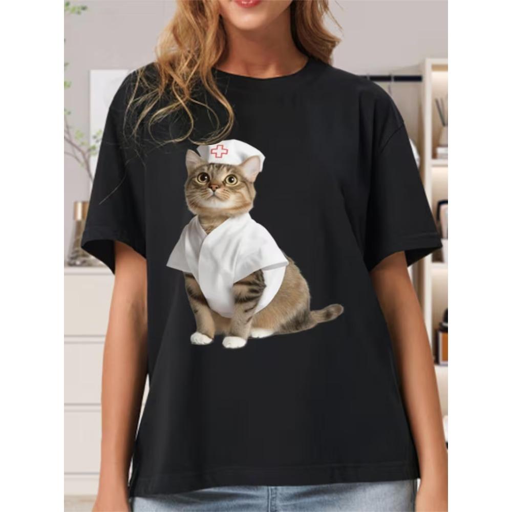 Süßes Koch Orange Kätzchen Druck T-Shirt Unisex Oversized Lässig Rundhals T-Shirt Entzückende Rote Katze als Koch