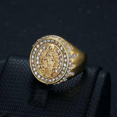 Megin D Stainless Steel Titanium Hip Hop Punk Virgin Mary Gold Plated Iced Out Zircon Band Rings for Men Women Couple Gift Jewel