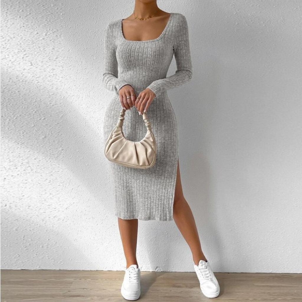 Women's Fall Winter New Arrival Square Neck Long Sleeve Bodycon Slit Knit Midi Dress, Casual Party Evening Dress for Women