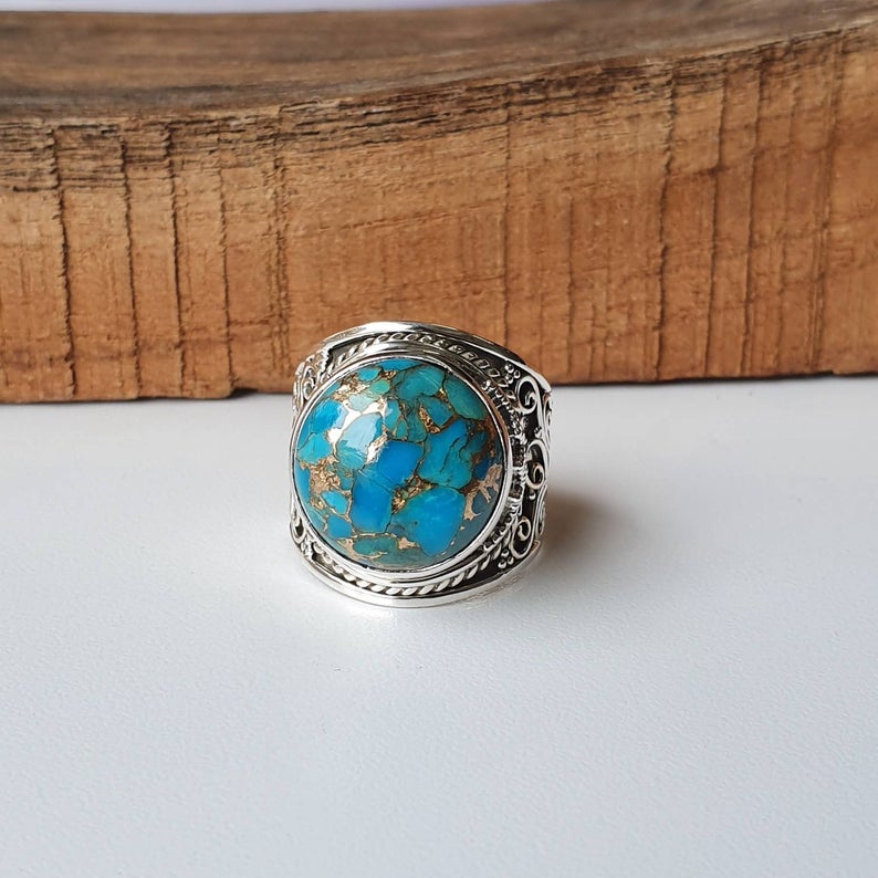 Blauer Kupfer Türkis Stapelring, handgefertigter Schmuck, 925 Sterling Silber Boho Ring, Jubiläumsring, Geschenk für Ihn