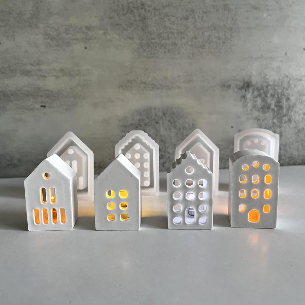 Hollow Splicing House Silicone Mold DIY Cement Plaster Mould 3D Silicone Moulds Casting Moulds for Easter Christmas Decoration