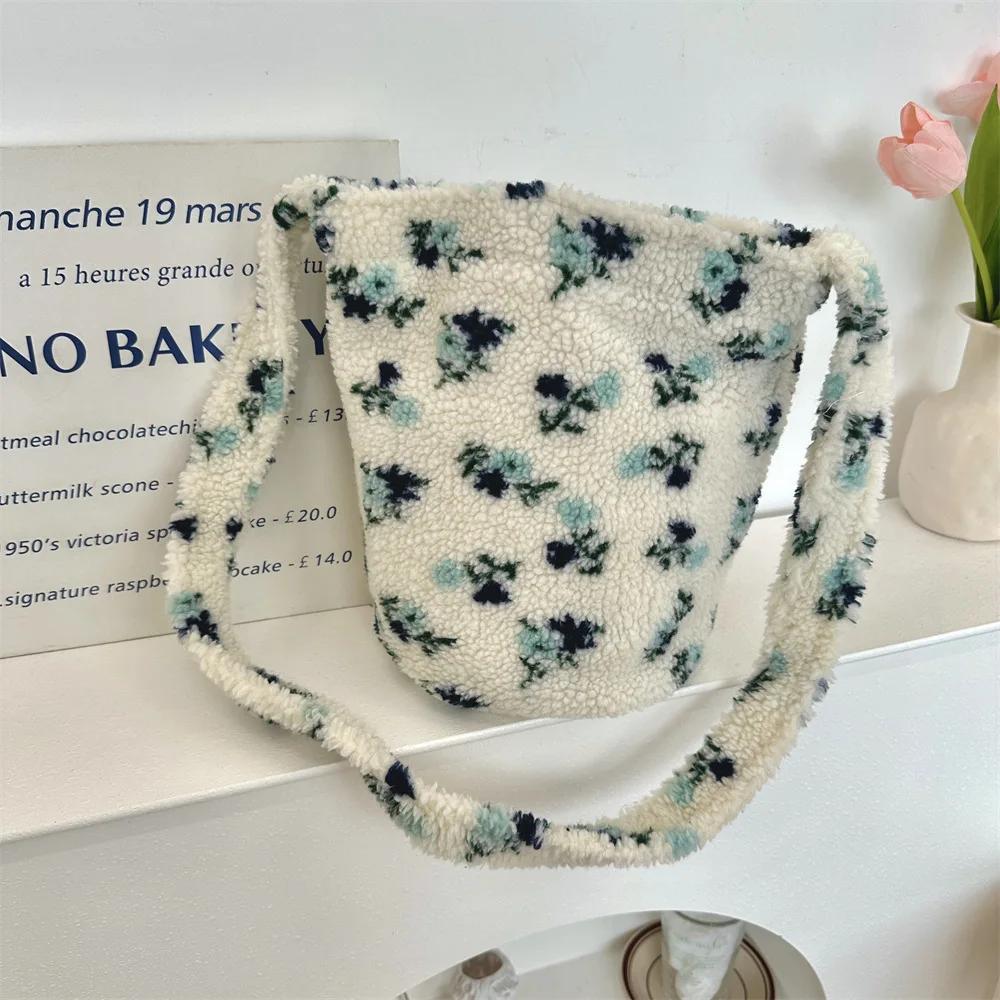 Bolso Cruzado Cubo de Lana de Cordero Sintética para Mujer, Bolsos de Hombro Vintage a Cuadros Florales para Señora, Bolsos de Mano Suaves de Felpa de Gran Capacidad para Mujer