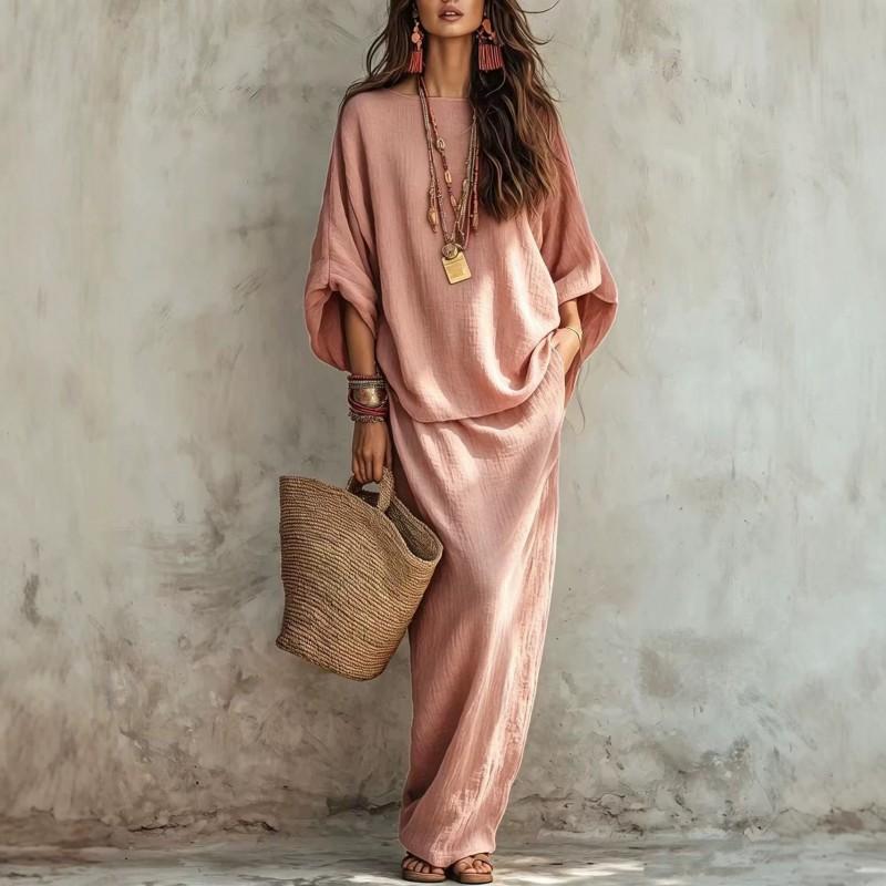 2026 Womens Loose Fit Solid Color Two-Piece Set T-Shirt Midi Skirt Casual Outfit