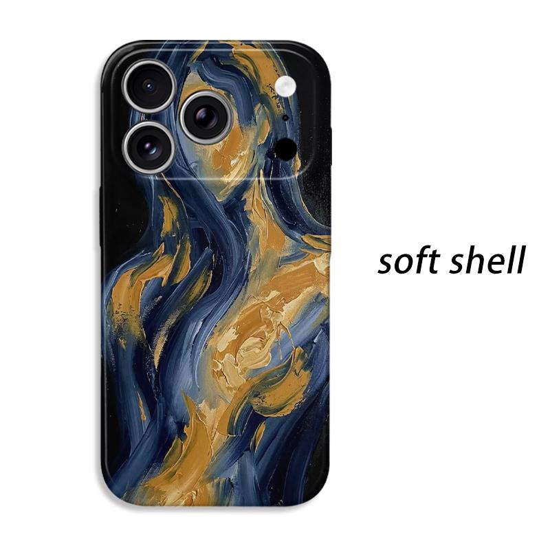 Luxurious Golden Blue Thick Oil Painting Abstract Swirl Fluid Art Film Aesthetic Protective Shockproof Bumper Case Cover For iPhone 14 15 16ProMaxPlus