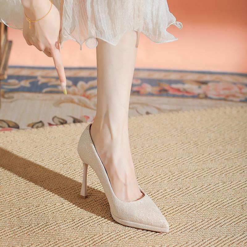 Champagne Waterproof Table High Heels Female Bride Bridesmaid Shoes Two Wear Thin Heels Light Mouth Single Shoes Can Be Worn Daily