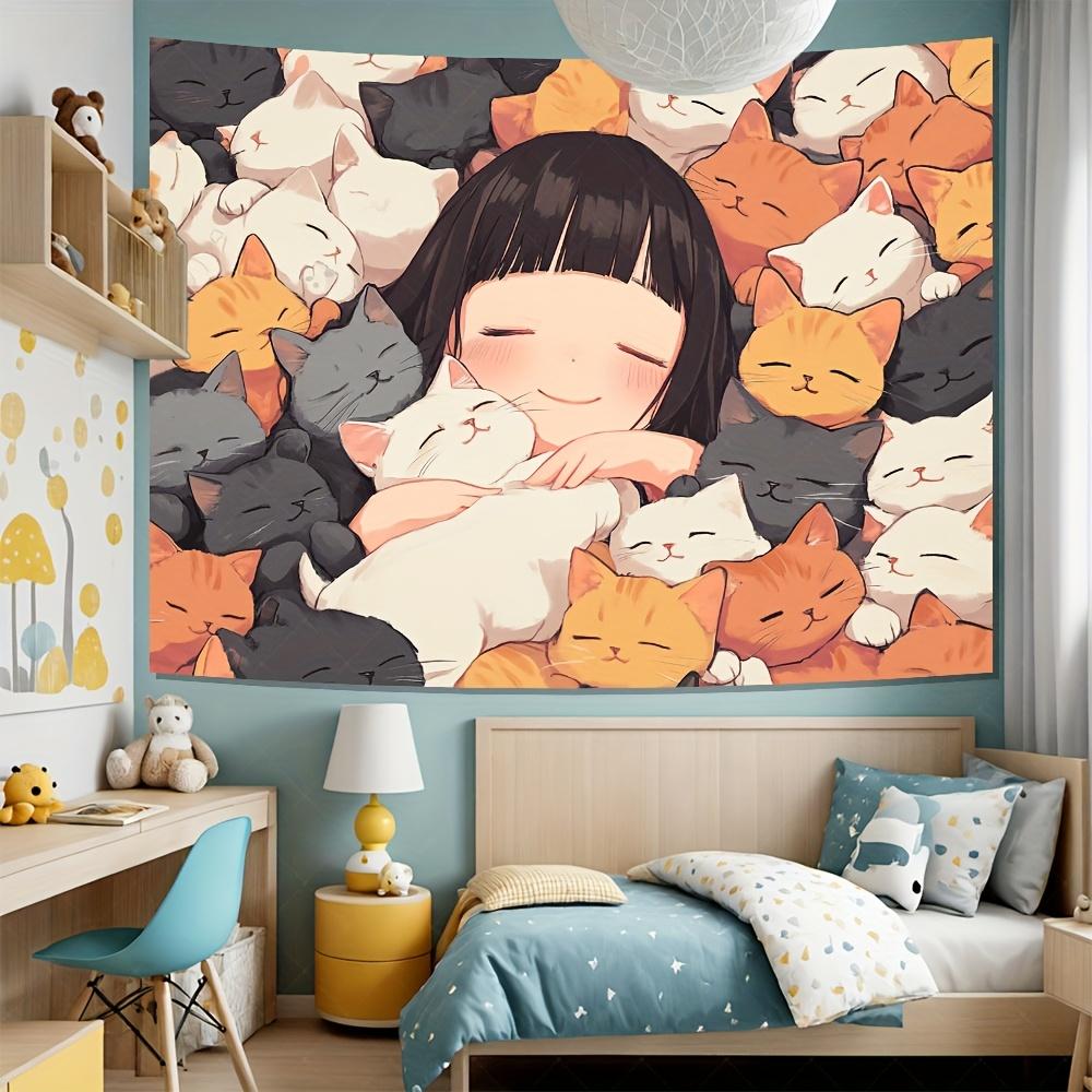 Cute Girl  Cats Tapestry  Cozy Sleep Adorable Felines Warm Colors  Soft Blankets for Charming and Comforting Home Decor