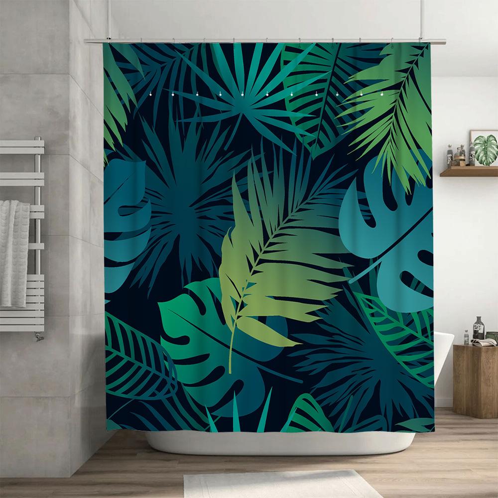Vibrant Palm Tree Print Shower Curtain For Bathroom Decor Dark Green Blue Colors With Fresh Leaf Design Made From Durable Waterp