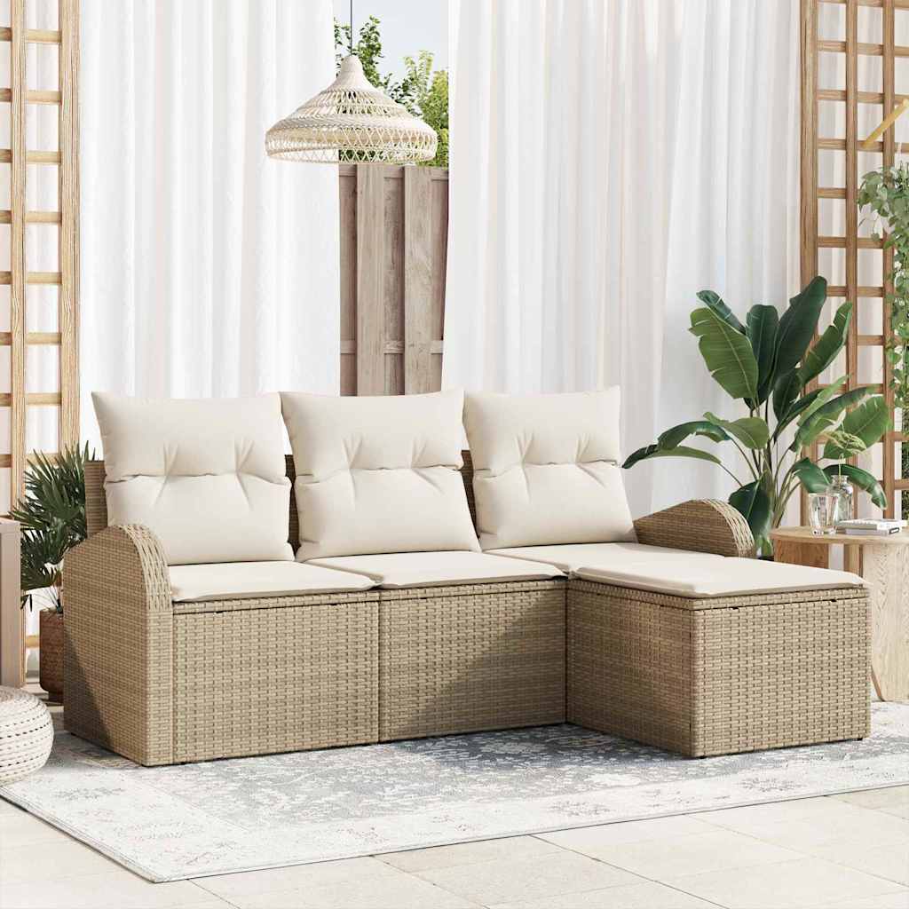 4 Piece Sofa Set with Cushions Beige and White Poly Rattan