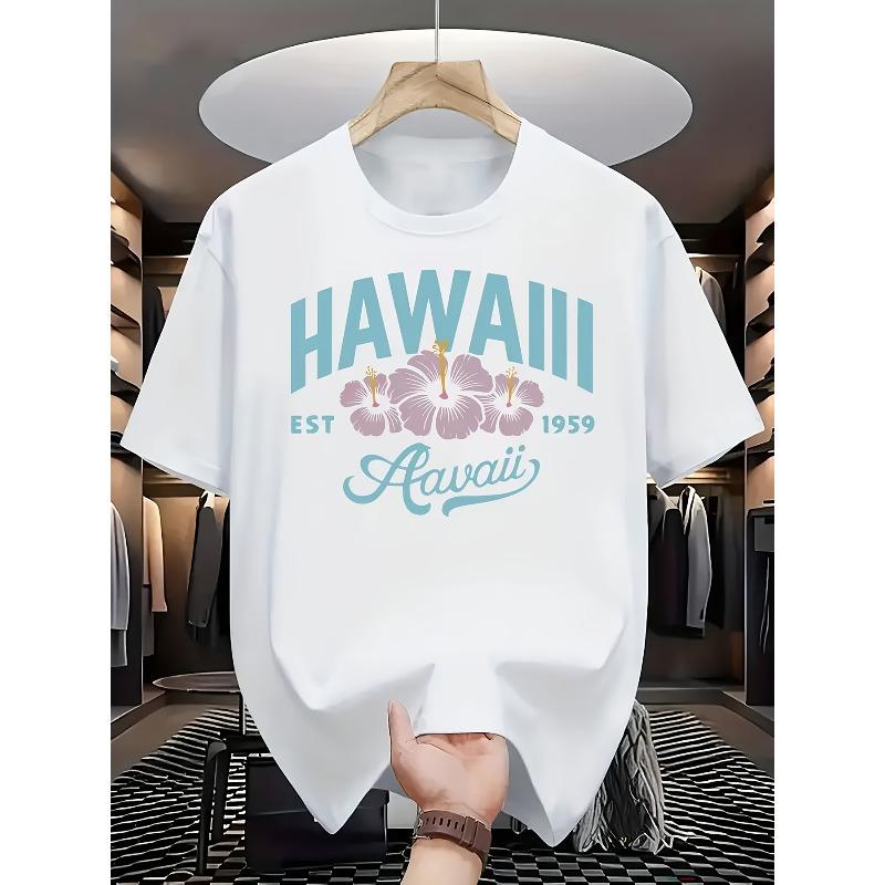 European size Men's T-Shirt with Hawaii Print & Hibiscus Flower - Short Sleeve Casual Shirt Lettering & Hibiscus with Hawaiian Flower Design