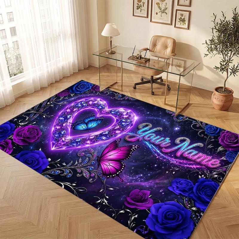 Butterfly Theme Soft Crystal Velvet Rug Custom Name & Text Print Non Slip Floor Rug for Bedroom Living Room