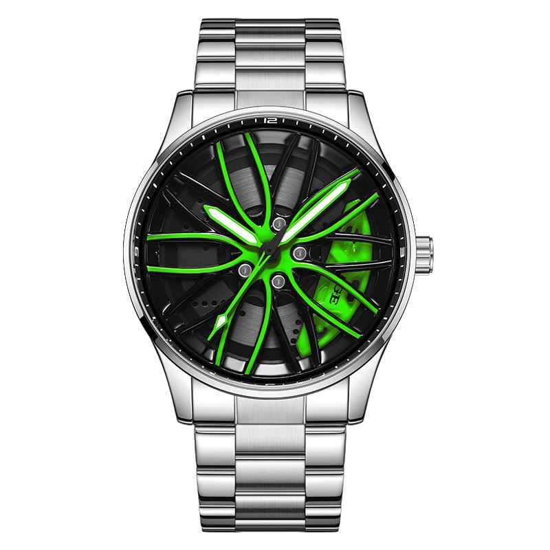 

Waterproof Watches for Men Fashion Military Sports Chronograph Casual 360° Rotate Car Wheel Rim Hub Men Watch Montre Homme срібні зелений колір