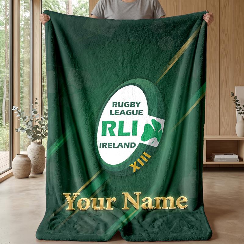 Ireland Rugby Custom Flannel Throw Blanket Print Your Name Text Soft Warm Blanket Holiday Present