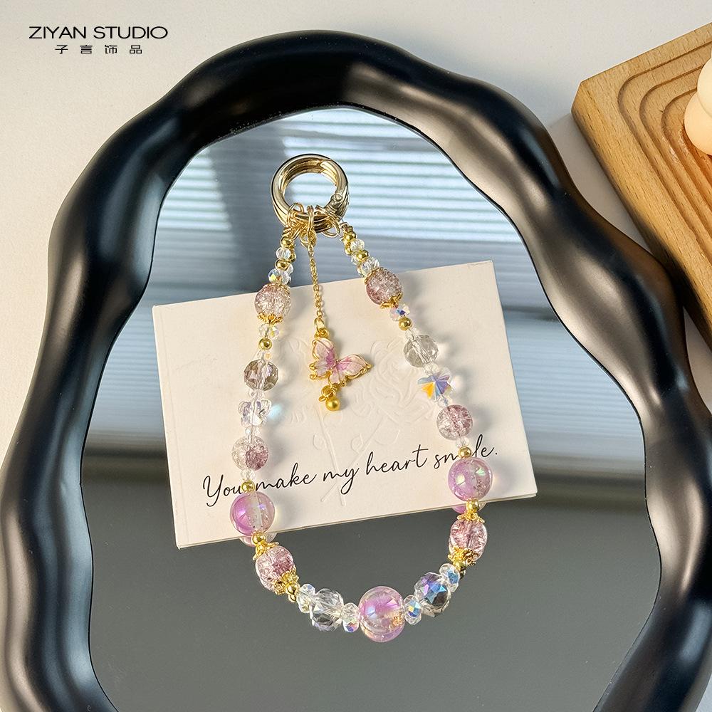 

1PC Premium Light Luxury Original Beaded Popcorn Crystal Bead Alloy Butterfly Gold Foil Bead Keychain Mobile Phone Pendant