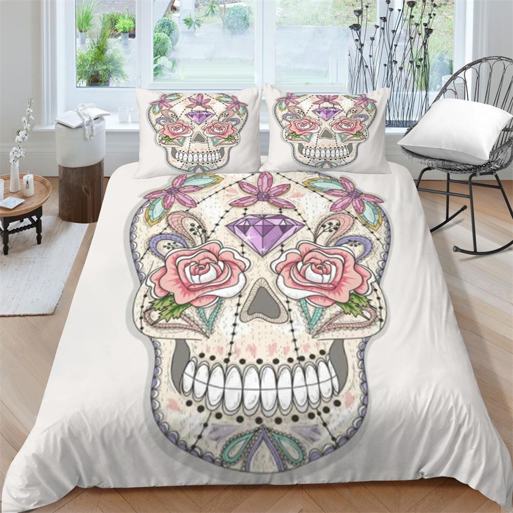 2/3dílná sada ložního prádla Sada prodyšných přikrývek Sada povlaků na přikrývku 3D Skull Design z mikrovlákna Pohodlná přikrývka na postel