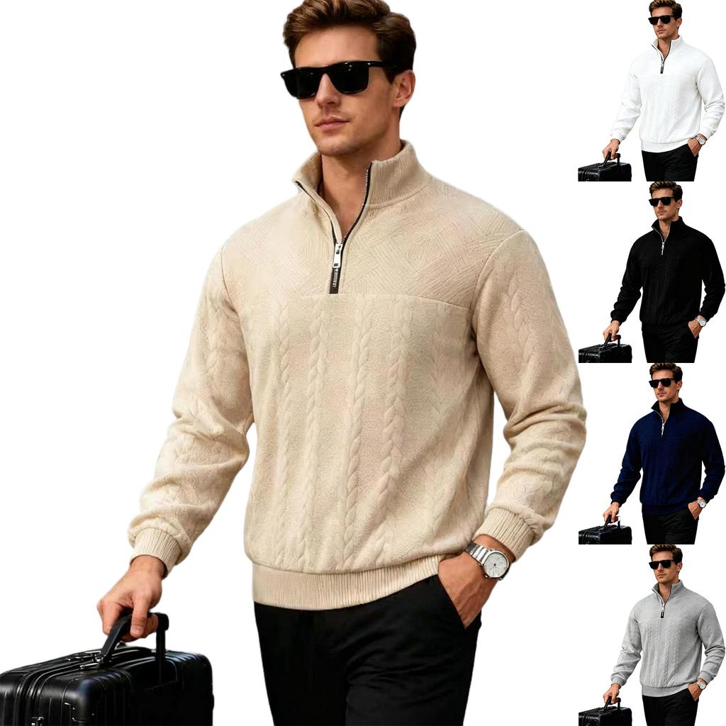 Men's Knitted Pullover Sweater Half Zip Stand Collar Cable Knit Pattern Long Sleeve Casual Winter Warm Sweatshirt