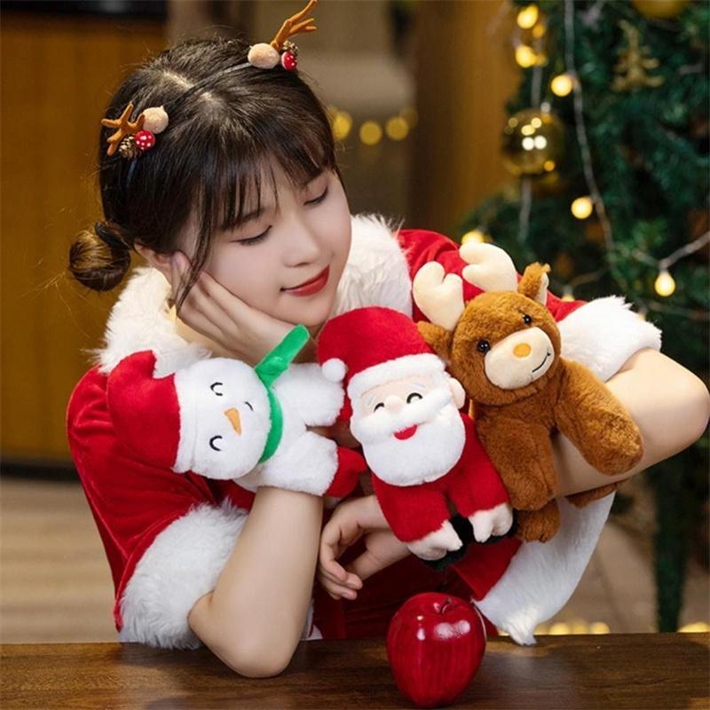 Cute Christmas Santa Claus Plush Doll Toy With Wrist Paddle Bracelet For Children 25cm Height