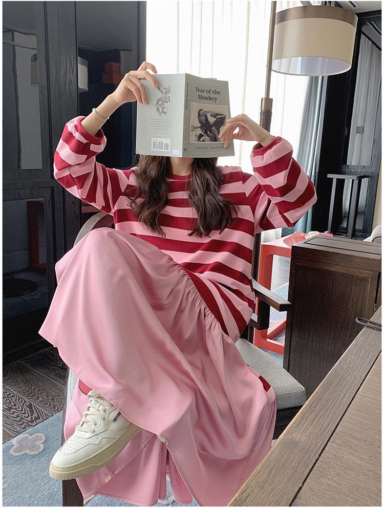 Pink Striped Patchwork Maternity Sweatshirt Dress – Mid-Length 2024 Autumn Retro Loose College Style