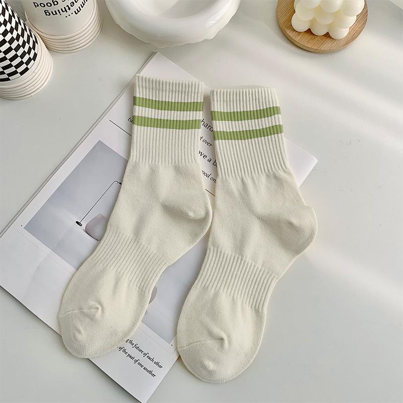 Women's Mid-Calf Two-Bar Stripe Pure Cotton Socks, Odor-Resistant, Anti-Pilling, Versatile for Sports and Casual Wear.