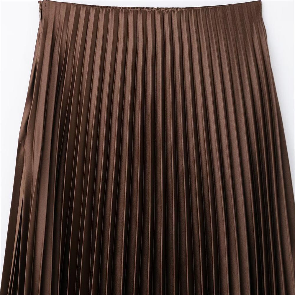 Spring 2025 Women's Slimming High-Waisted Silk Satin Pleated Midi Skirt