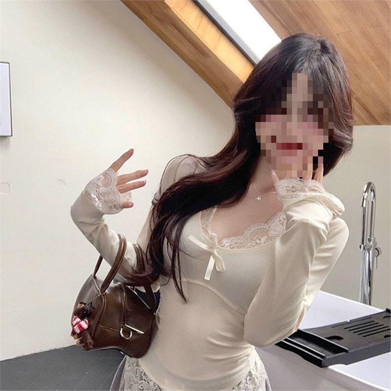 

Chic Exquisite Bow Lace Trim Autumn White Long Sleeve Base Layer Top for Women L